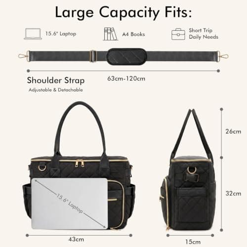 XIAPI Laptop Tote Bag for Women 15.6 inch, Quilted Work Bag, Black — view 2