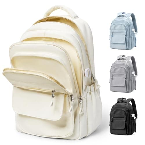 WEPOET Multi Pocket Backpack For School Womens Men, Waterproof Book bag Secondary For Girls Boys, Lightweight Large Capacity Rucksack Casual School Bags(Beige)