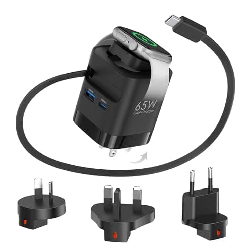65W Retractable Travel USB C Charger for apple watch, Foldable Travel Adapter Plug Converter with UK/EU/AU Plugs, Fast charging for iwatch S11/10/9/8/7, for Macbook series and iPhone 17/16/15, Black
