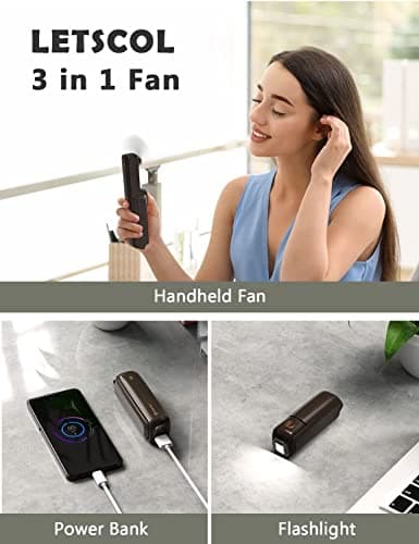 LETSCOL Handheld Mini Fan, 3 in 1 Hand Held Cooling Device, Portable and Personal with Power Bank & Flashlight, Foldable for Travel, Desk, Makeup (Brown) — view 2