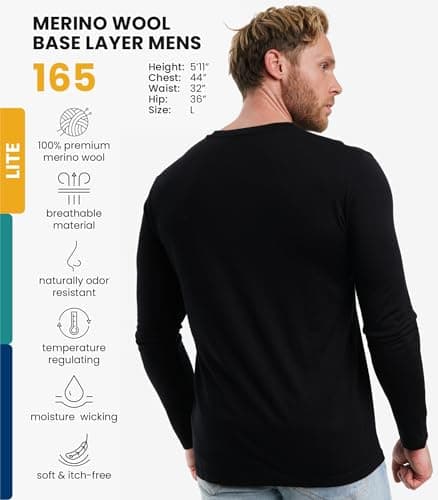 100% Merino Wool Base Layer Men - Long Sleeve Thermal Shirt + Hiking Socks (M, 165 Black) — view 2