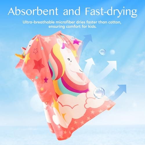 Joiedomi 24"x24" Kids Beach Towels with Hood for Girls Pink Unicorn Hooded Toddler Bath Towel Quick Dry Soft Microfiber — view 3