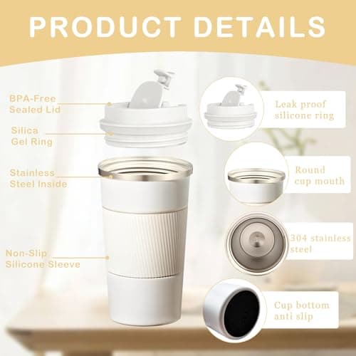 Senshuomy Travel Mug, Insulated Coffee Cup with Leakproof Lid, Reusable Coffee Cups Travel Cup, Stainless Steel thermaol Mug for Hot Cold Drinks (White 380ml) — view 2