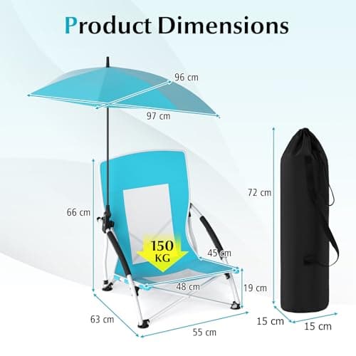 TANGZON Portable Beach Chair, Low Folding Camping Chair with Adjustable & Detachable Umbrella, Umbrella Clamp, Padded Armrests & Carry Bag, Lightweight Outdoor Seat for Picnic Fishing (1, Blue) — view 3