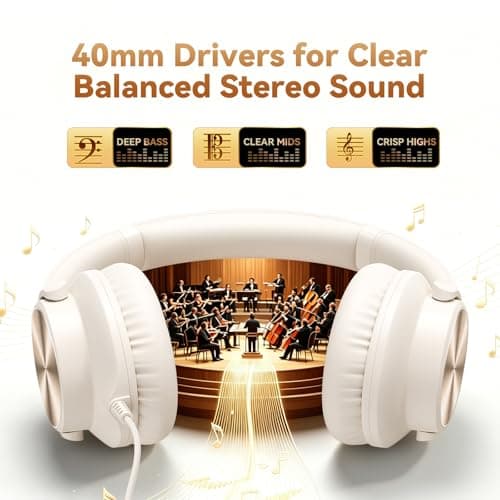 Wired Headphones with Mic, Over-Ear 3.5mm Corded Headphone for School Beige — view 2
