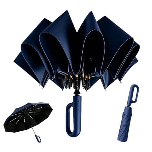 NKFBEV Travel Umbrella with Carabiner Handle, Windproof Umbrella for Rain and Sun, 10 Ribs, Auto Open Close, UV Protection, Compact Portable, Travel Umbrella Compact for Women Men Kids (Navy Blue)