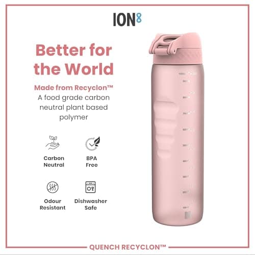 ION8 1 Litre Water Bottle, Leak Proof, Flip Lid, Carry Handle, Rapid Hydration, Dishwasher Safe, BPA Free, Contoured Grip, Ideal for Travel, Gym & Activity, Carbon Neutral Recyclon, 32 oz, Rose Pink — view 5