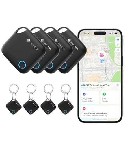 NOVOO Smart Tag for Apple Find My (iOS Only), Loud 80dB Alarm Item Finder, Replaceable Battery Tracker with Child-Safe Lock, Key & Wallet Tracker, Luggage Finder (4 Pack with Key Rings & Battery Tool)