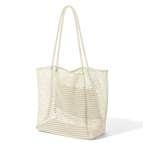 Poeruse Beach Mesh Tote Bag, Beach Bags for Women with Zip, 26L Mesh Handbags, Travel Shopping Handbag for Holiday (White)