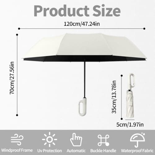 NKFBEV Travel Umbrella with Carabiner Handle, Windproof Umbrella for Rain and Sun, 10 Ribs, Auto Open Close, UV Protection, Compact Portable, Travel Umbrella Compact for Women Men Kids (Off-white) — view 2