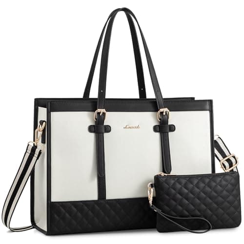 LOVEVOOK 17.3 Inch Laptop Bags for Women, Ladies Handbags for Work Business, Womens Large Tote Bag, Shoulder Bag with Clutch Lightweight for Office Business School College Shopping, Black White