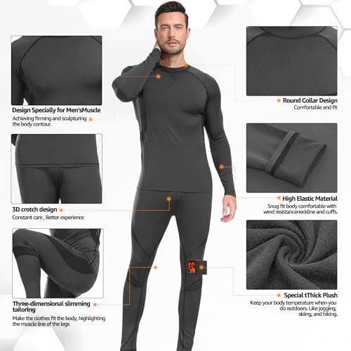 UNIQUEBELLA Mens Thermal Underwear Set Long Sleeve Tops Long Johns Thermal Base Layer Bottom Fleece Lined Quick Drying — view 5