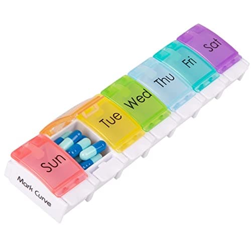 Portable Weekly Pill Box Organiser | Easy to Open 7 Day Premium Quality Tablet Box | Travel Pill Case with Push Button Pop Open Lids |Tablet Organiser for Vitamins, Supplements & Medicine Mark Curve