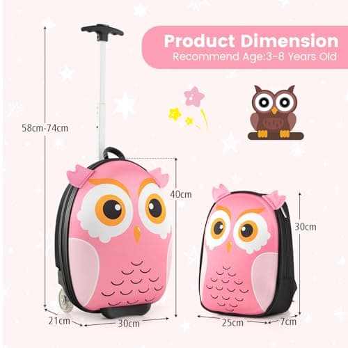 HOMFME 2 PCS Kids Luggage Set, Children Suitcase and Backpack Set with Adjustable Handle and Universal Wheels, Hard Shell Toddler Trolley Case for Travel School (12 + 16 Inch, Pink Owl) — view 4