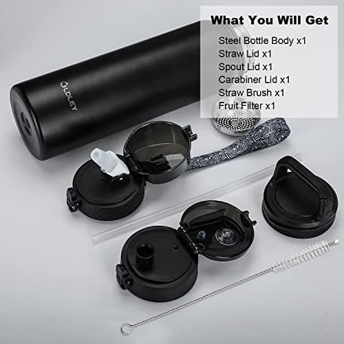 OLDLEY Stainless Steel Water Bottle with Straw 1L Vaccum Insulated Large Drink Flask Metal Water Bottles 1 Litre Leakproof Keep Drinks Hot Cold for Bike Sports Gym with Different Lids(Black, 3 Lids) — view 6