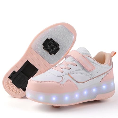 Roller Skate Shoes for Boys and Girls Kids LED Light Up Fashion Sneakers Skating Shoes with Rechargeable and Detachable Wheels The Gift for Party Birthday Christmas Day Pink