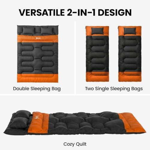 Outsunny Double Sleeping Bag with 2 Pillows 220 x 160 cm Grey and Orange — view 3