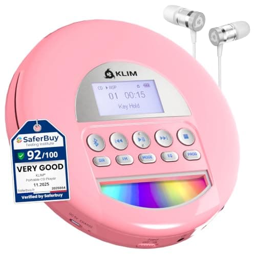 KLIM Nomad - Portable CD Player with Long-Lasting Battery - with Headphones - Radio FM - Compatible MP3 CD Player Portable - TF Card Radio FM Bluetooth - Ideal for Cars - Pink