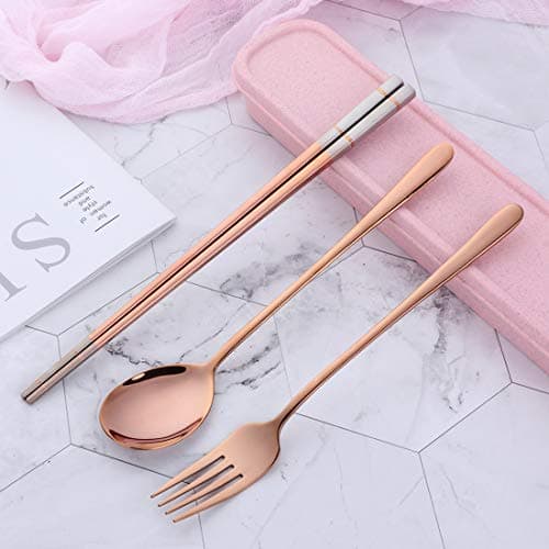SBOMHS 18/10 Stainless Steel Portable Cutlery Chopsticks Spoon Fork Set with Case for School Home Office Camping Travel Outdoor Rose Gold — view 4