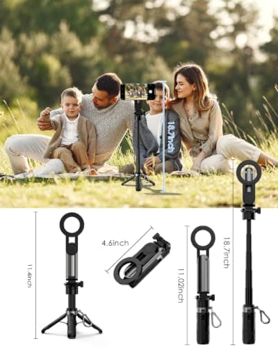 CloudValley Magnetic 4-in-1 Multifunctional Selfie Stick Tripod, Mini Portable Pocket Phone Stand with Detachable Remote Control, Compatible with MagSafe, for iPhone/Android, Travel Vlog — view 3