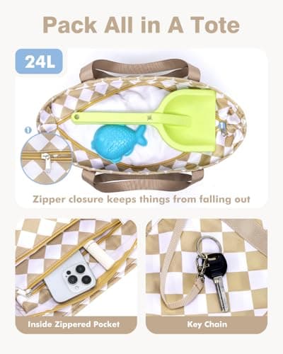 Beach Bag with Zip and Pockets Small Beach Tote Bags for Women, Checkered — view 3