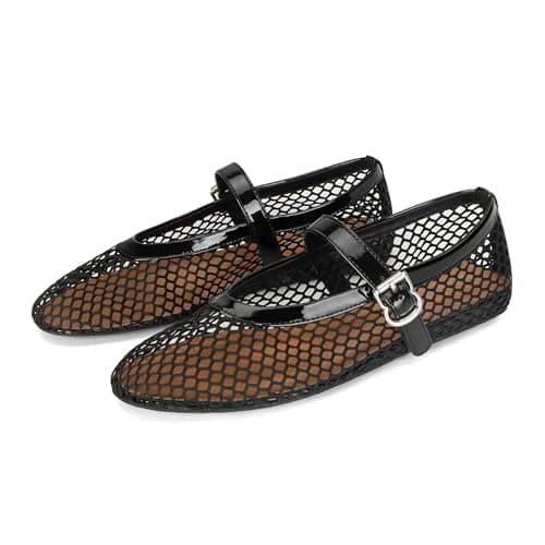 HiGropcore Mesh Ballet Flats Women, 2024 New Strappy Fishnet Buckle Flats, Sexy Mary Jane Ballerina Shoes Comfortable Dress Shoes Slip-on Loafers