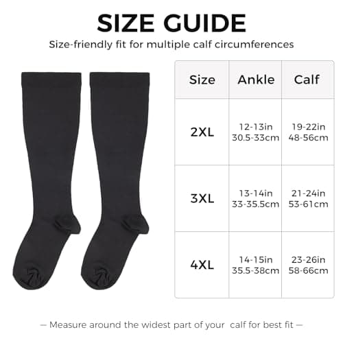 Plus Size Compression Socks for Women & Men, Wide Calf Extra Large Calves Knee High Flight Stockings for Pregnancy, Nurses, Seniors (Black, 4XL) — view 2
