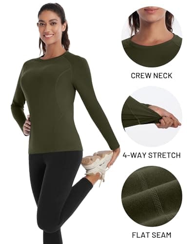 Runhit Thermal Tops Womens Long Sleeve Fleece Lined Compression Shirt Soft Warm Base Layer Moisture Wicking Sports Underwear for Ski, Running Gym Workout Army Green M — view 4