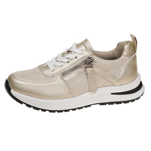 2026 Women's Trainers, Zip, Decoration, Leather, Lace-Up Shoes, Comfortable, Thick-Soled, Casual Shoes, Rose Gold, 6 UK