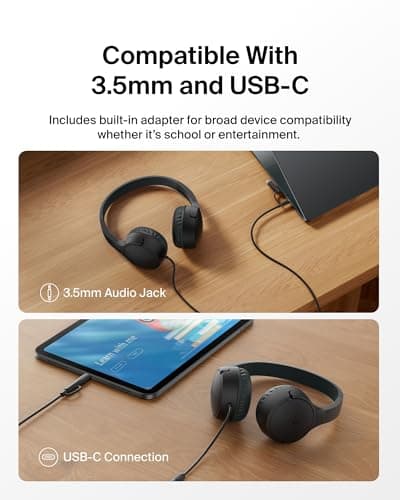Belkin SoundForm Mini Kids Wired Headphones with USB-C to 3.5mm Dongle, Built-in Mic & Fun Stickers, 85dB Max Volume – for Online Learning, Travel, Compatible with iPhone, iPad, Galaxy, etc - Black — view 3