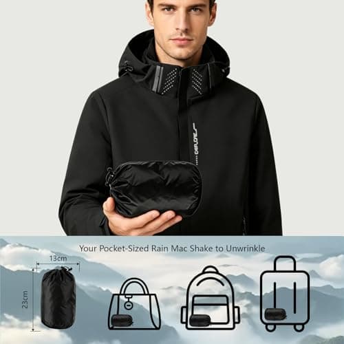 DOINEUFL Mens Waterproof Jacket Packable Lightweight Raincoat, Breathable Hooded Windbreaker Coat with Multi-Pockets for Hiking, Walking (UK, Alpha, XL, Regular, Regular, Black) — view 6