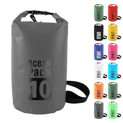 MOMAHUA 10L Waterproof Dry Bag with Single Shoulder Strap - Grey Durable PVC Roll Top Dry Sack - Reusable Gear Protector for Kayaking, Boating, Beach, Swimming, Camping and Outdoor Sports