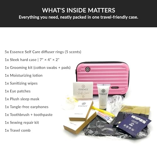 Essence Travel Amenity Kit | Travel Essentials & Travel Size Toiletries Kit | 5-Pack Nasal Diffuser Rings, Sleep Mask, Lotion & Hygiene Kit | Travel Toiletry Kit for Women | Pink Case — view 4