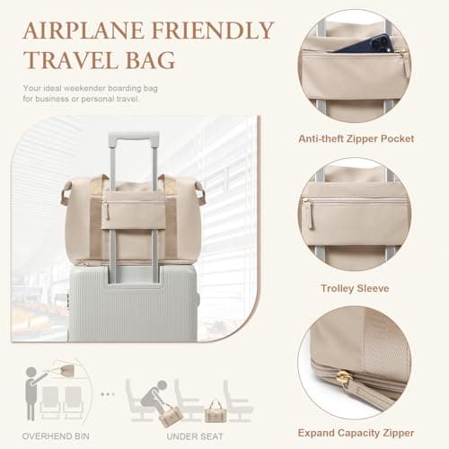VNINE Travel Bag for Women, Expandable Weekend Bags Sports Gym Bag Waterproof Overnight Bag Carry On Bag Lightweight Hospital Bag Duffel for Airplane Flight Beige — view 5