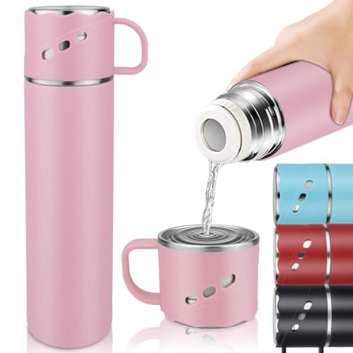 BEIJIE Travel Mug, 550ml Stainless Steel Insulated Hot Water Bottle, Vaccum Thermal Flasks for Hot and Cold Drinks 12h, Metal Water Bottles with Leakproof Cover and Handle, for Kids Men Women - Pink