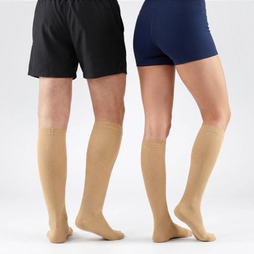 JASGOOD 2 Pairs Compression Socks for Women & Men,15-20 mmHg Knee High Travel Flight Socks for Cycling,Pregnancy,Long Standing,Work,Varicose Veins, Apricot, S/M — view 4