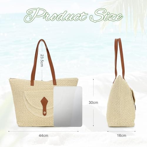 EVEOUT Women Straw Woven Tote Bag Summer Beach Bag Casual Boho Faux Raffia Shoulder Bag with PU Leather Handles for Holiday Travel — view 4