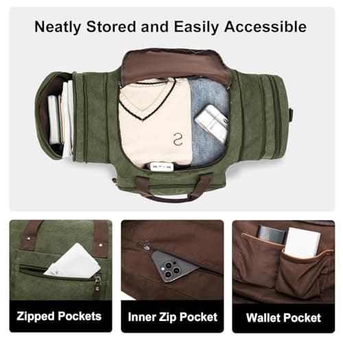 EKOROMIER 55L Canvas Travel Duffel Bag for Men – Expandable Weekender Holdall – Cabin Size Overnight Bag for Gym, Carry-On or Short Trips – Olive — view 6