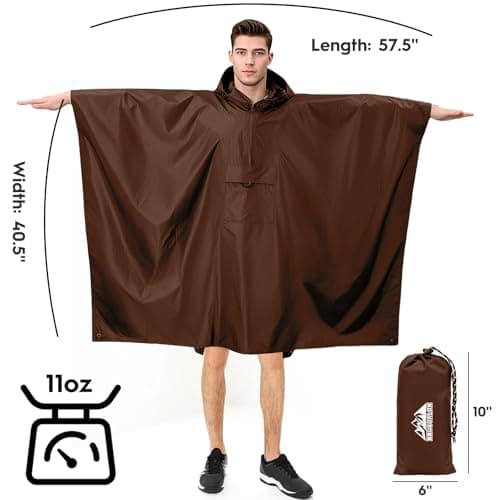 Bruvoalon 3-in-1 Rain Poncho with 1/4 Zip & Chest Pocket, Waterproof, Sunshade, Ground Mat for Adults & Youth Emergency, Brown, M — view 6
