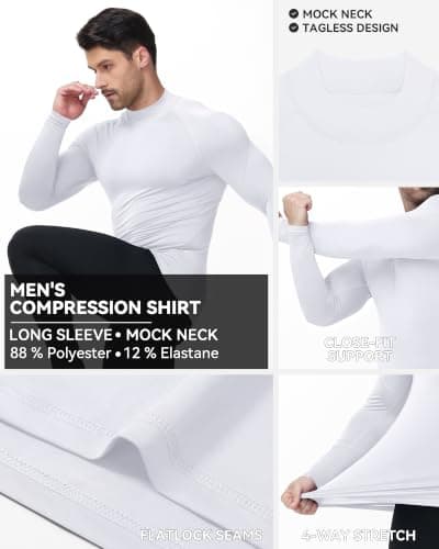 Runhit Men's White Long Sleeve Compression Base Layer T Shirt, Quick Dry Running Top Mock Turtleneck Breathable Thermal Football Underlayer for Gym Workout Fitness Training Work Sports L — view 4