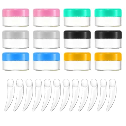 12 Pcs Sample Pots 5 Gram Travel Pots for Toiletries Travel Cream Pots Clear Empty Cosmetic Containers Sample Containers with Lids Mini Spatulas for Face Creams Sample Make-Up Glitter Nail Art Storage