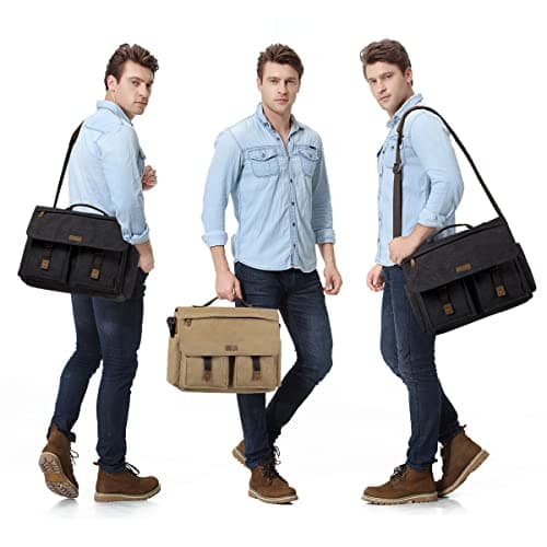 VASCHY Messenger Bag Mens, Vintage Water Resistant Waxed Canvas 15.6 inch Laptop Shoulder Bag Briefcase Satchel with Padded Shoulder Strap and Luggage Sleeve(Khaki) — view 2
