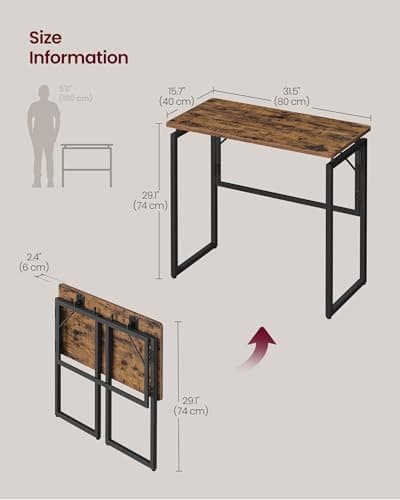 VASAGLE Folding Desk, Foldable Computer Desk, One-Piece Desktop Top, Rounded Edges, Small Home Office Writing Table for Bedroom, Balcony, Camping, Easy Assembly, 80 x 40 cm, Rustic Brown LWD151KD01 — view 3