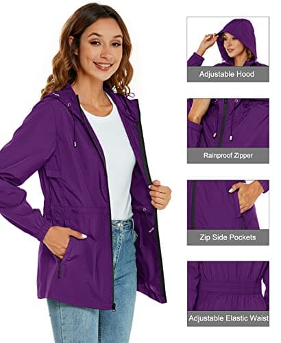 Rapbin Raincoat Women Waterproof Jacket Lightweight Rain Coats Outdoor Rain Trench Coat Packable Hooded Raincoats with Pocket Purple S — view 2