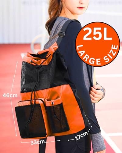 JIMJOOS Drawstring Mesh Swimming Bag - 25L Waterproof Swim Bag with Wet/Dry Compartment, Multifunctional Sports Backpack for Kids, Adults, Swimming, Surfing, Beach, Gym (Orange) — view 5