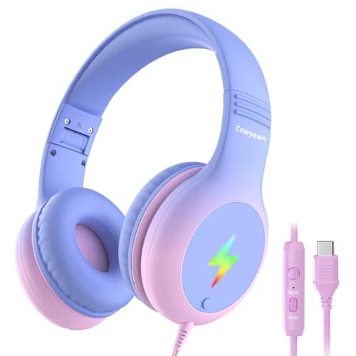 Cowyawn USB Type C Kids Headphones, Kid Wired Headphones with Mic/LED Light