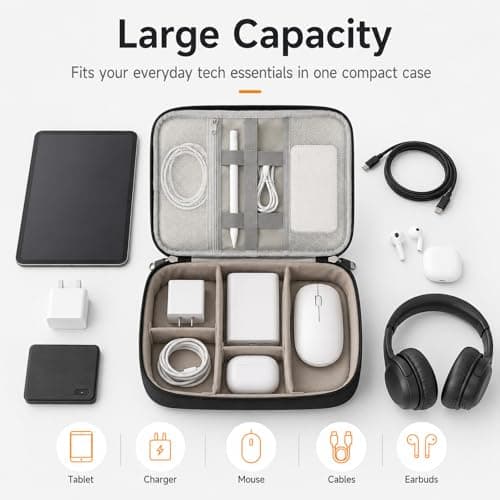 FAVORTALK Cable Organiser Bag Holiday Essentials for Men 3-Layers Cable Bag with Removable Bulkhead Waterproof Accessories Black Storage Bags with Charger Cables Power Adapter Power Bank, Black B21604 — view 6