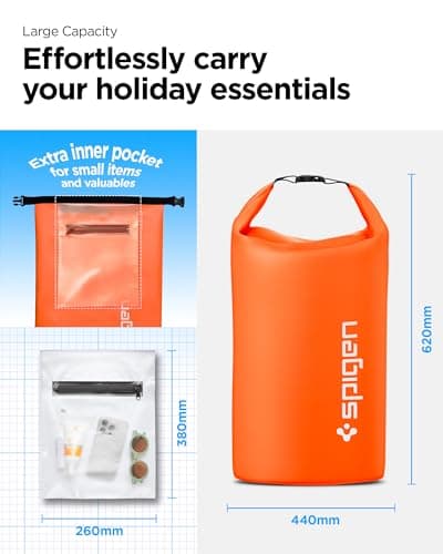 Spigen [30L [IPX5] Aqua Shield Waterproof Bag Dry Bag Backpack for Hiking, Extra Inner Pocket, Large Dry Sack, Swimming Kayaking Paddle Boarding, Robust & Anti-Scratch, Hiking Gear - Sunset Orange — view 5