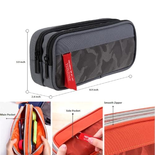 YONZONE Pencil Case Large Capacity Pencil Cases Big Pencil Bag Pouch for Boys Girls, High Storage Stationery Pen Holder School Office Organiser Supplies Makeup Bag with 3 Compartments, Grey — view 2