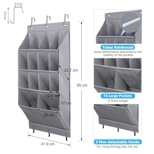 FENTEC Over Door Shoe Storage, Door Shoe Organizer 14 Pockets, Hanging Shoe Storage Organiser Back of Door Shoe Rack, Sturdy 600D Oxford Fabric with 3 Hooks for Space Saving, Heavy Duty, Grey — view 6